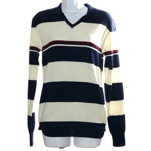 Gap Sweater Mens‎ Medium Navy Blue White Striped V-Neck Polo Collar Vintage NWT